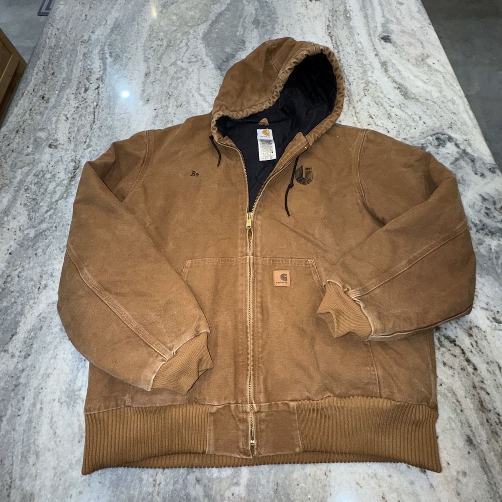 Carhartt Men's Large Hooded Full Zip Jacket Brown Canvas Quilted Workwear READ